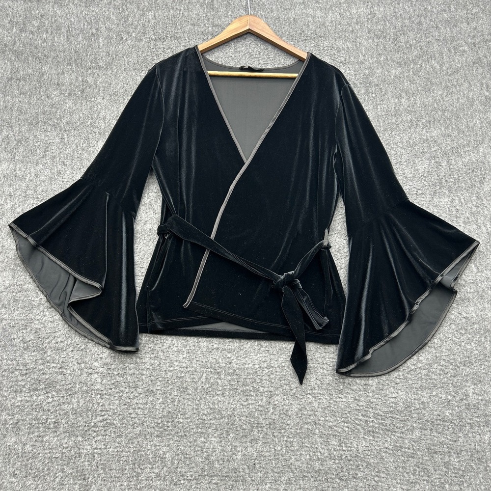 Dalia Black Velvet Flare Sleeve Wrap Top Large Vampy Whimsigoth 90's Witch y2k